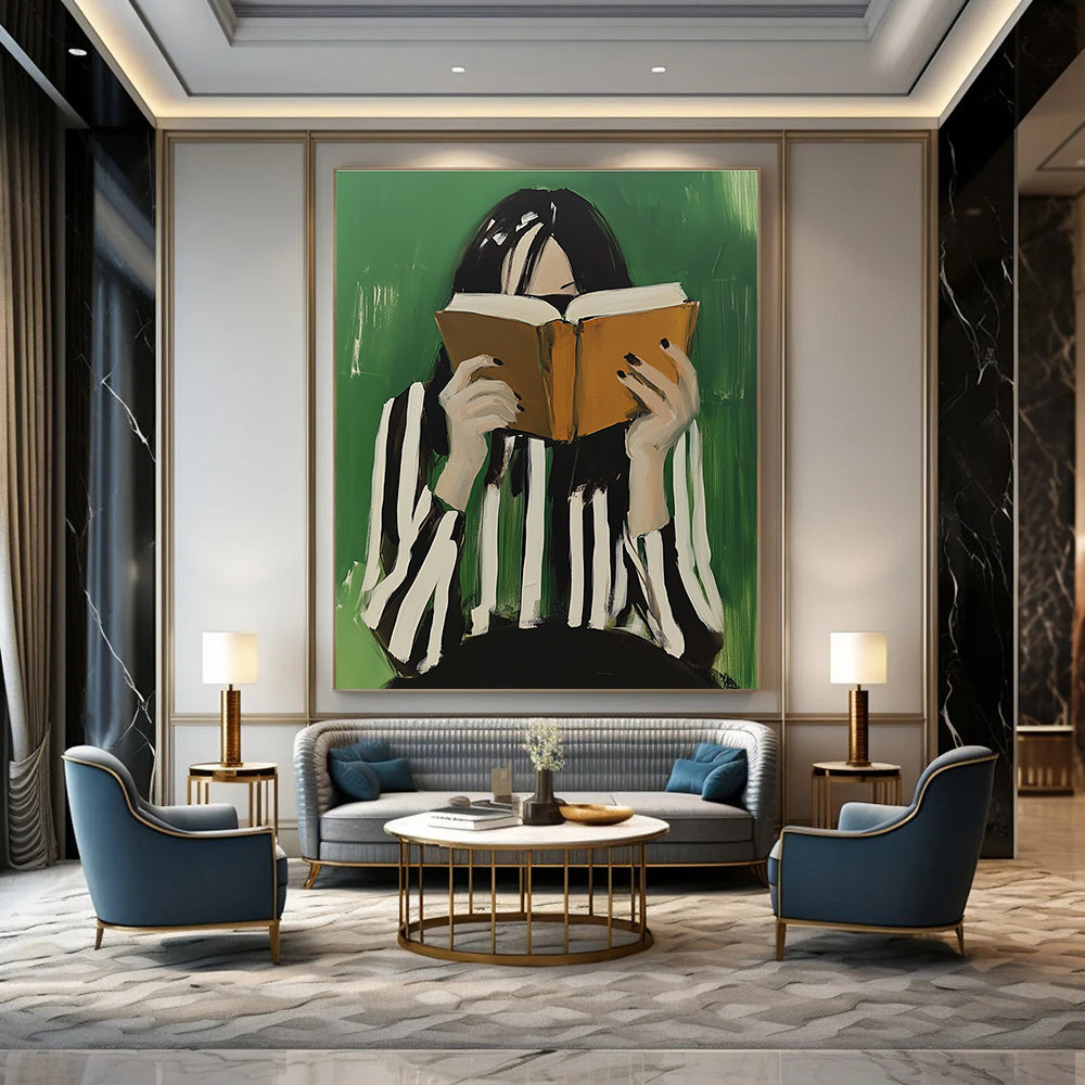 An abstract oil painting of a woman with black and white striped hair enjoying coffee while reading an open book against a green background.STSC1265