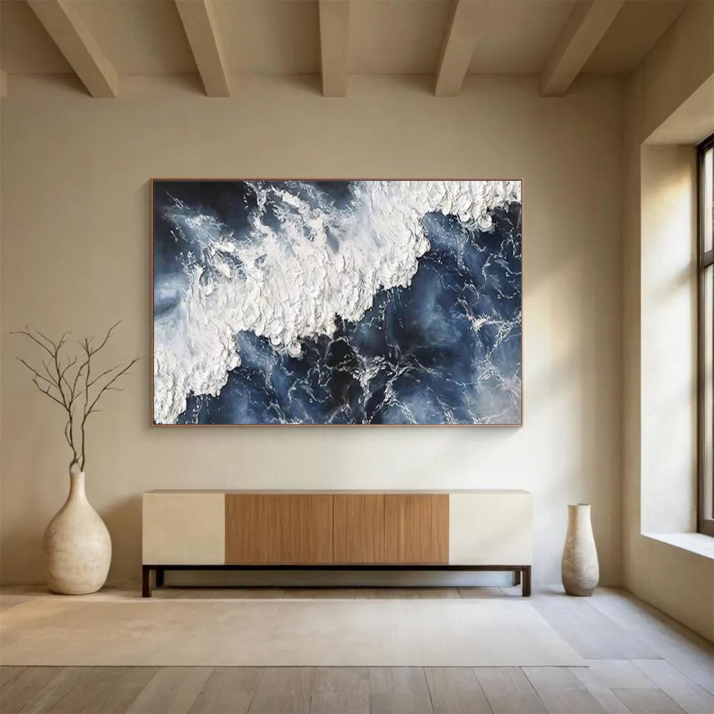 Dynamic Ocean Wave Abstract Painting with Bold Blue and White THY252