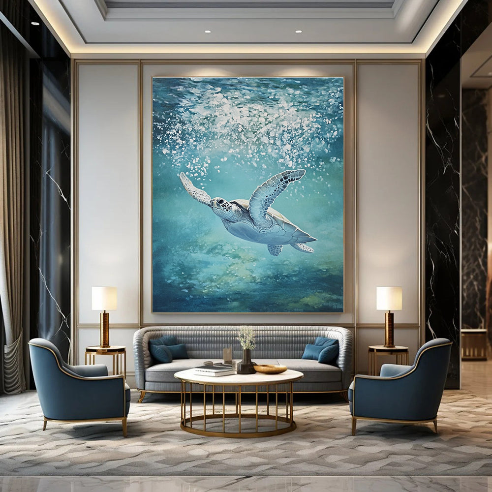 An abstract painting capturing the serene underwater scene of a majestic sea turtle gliding through crystal-clear waters with glistening skin and vibrant hues.STSC1175