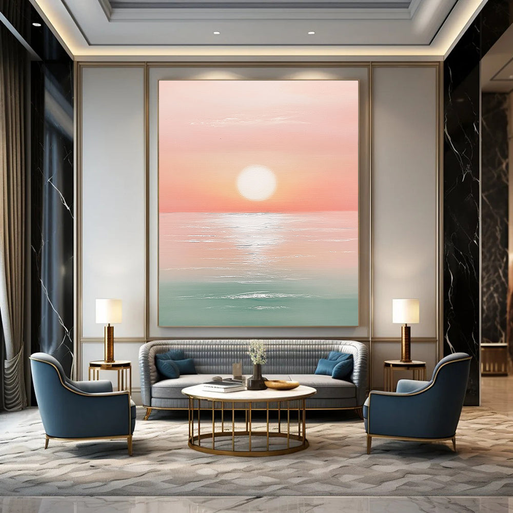 A large abstract painting featuring a sunset over the ocean in pastel pink and mint green with a white sun at the center.STSC1425