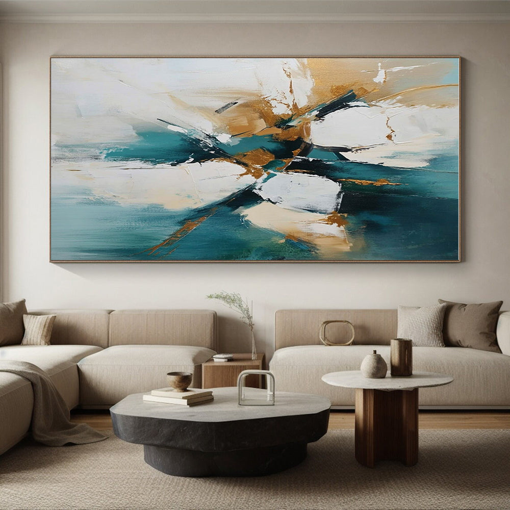 Teal Gold and White Abstract Painting with Dynamic Strokes GER682