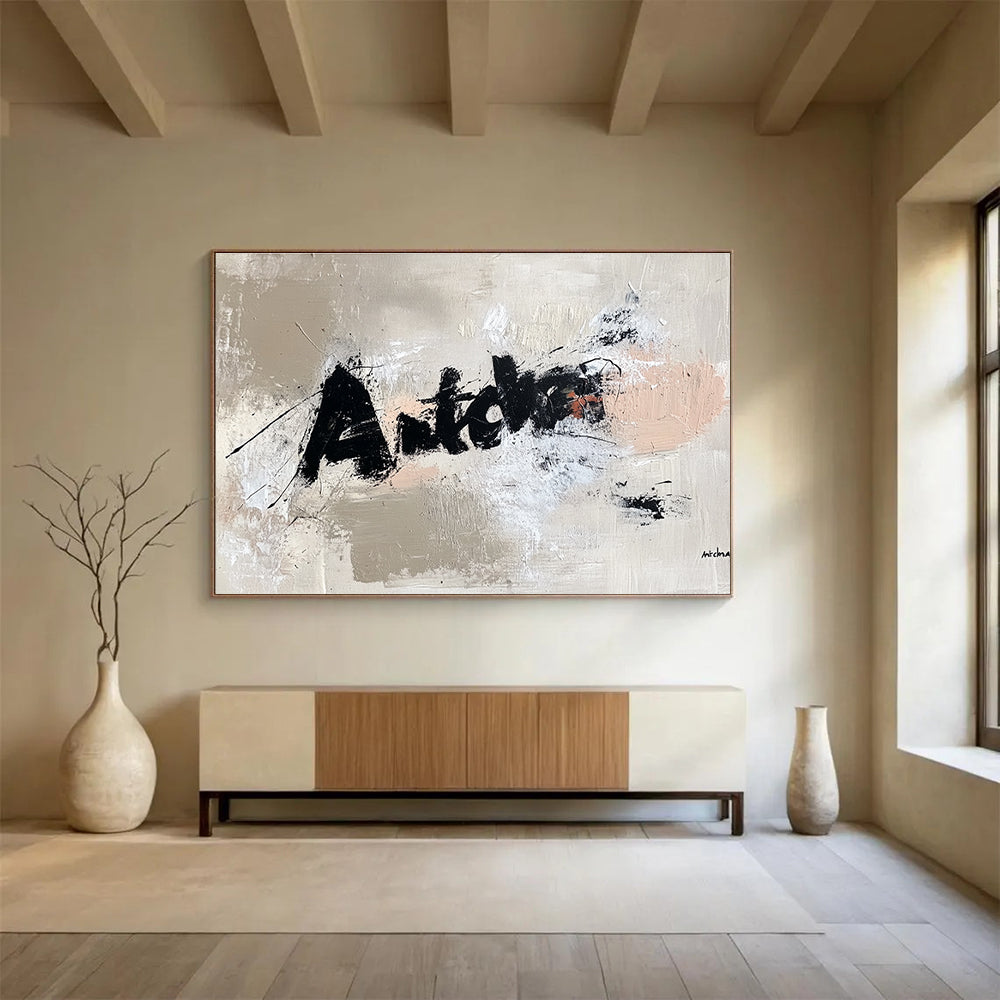 Textured Word Abstract Painting with Beige and Black DYP469