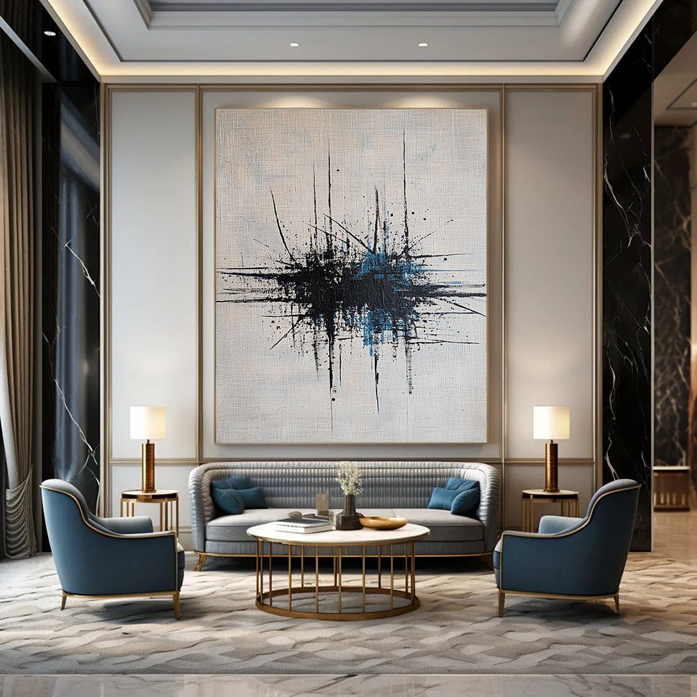 Large abstract painting featuring dynamic lines and dots in grey, blue, and black on a crisp white canvas.STSC189
