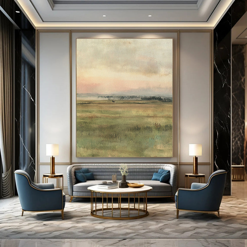 A large abstract painting featuring muted colors of an open field with gentle brushstrokes and two hares in the foreground.STSC1229