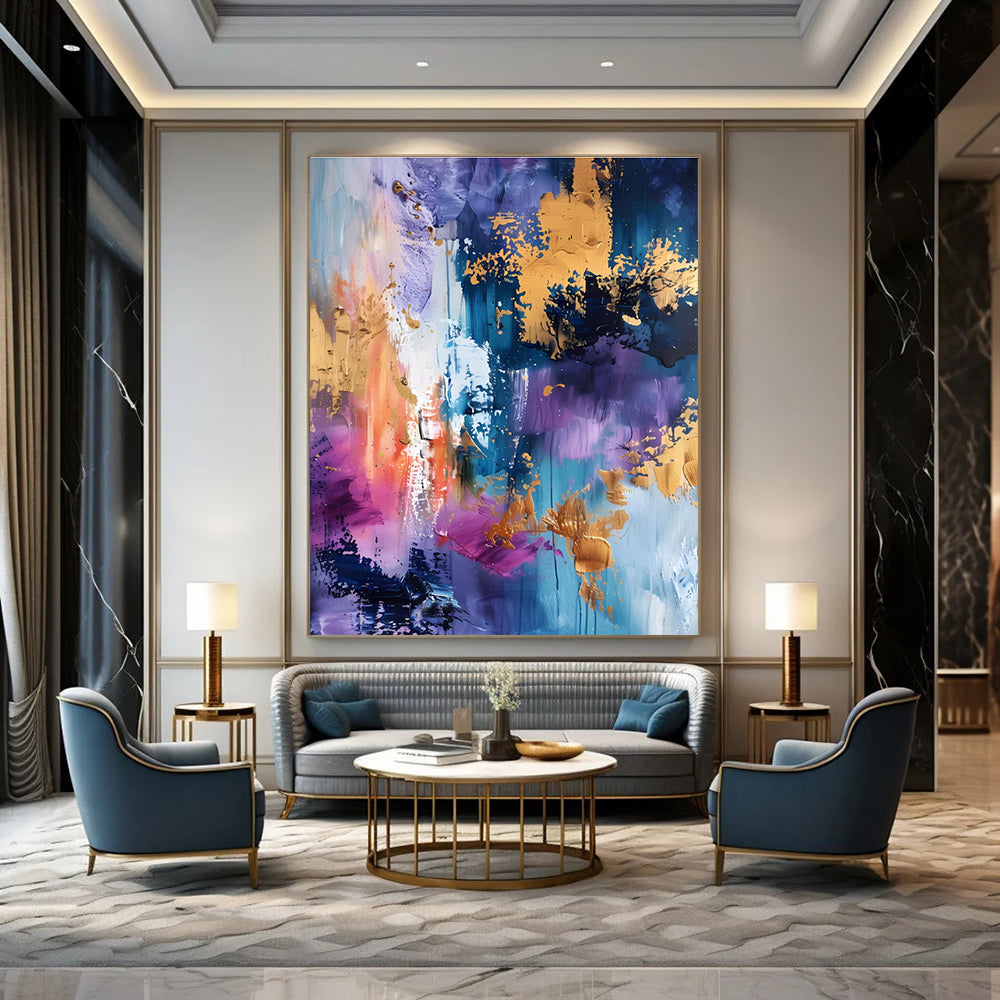 Purple Blue and Gold Abstract Painting with Splashes ADGE282