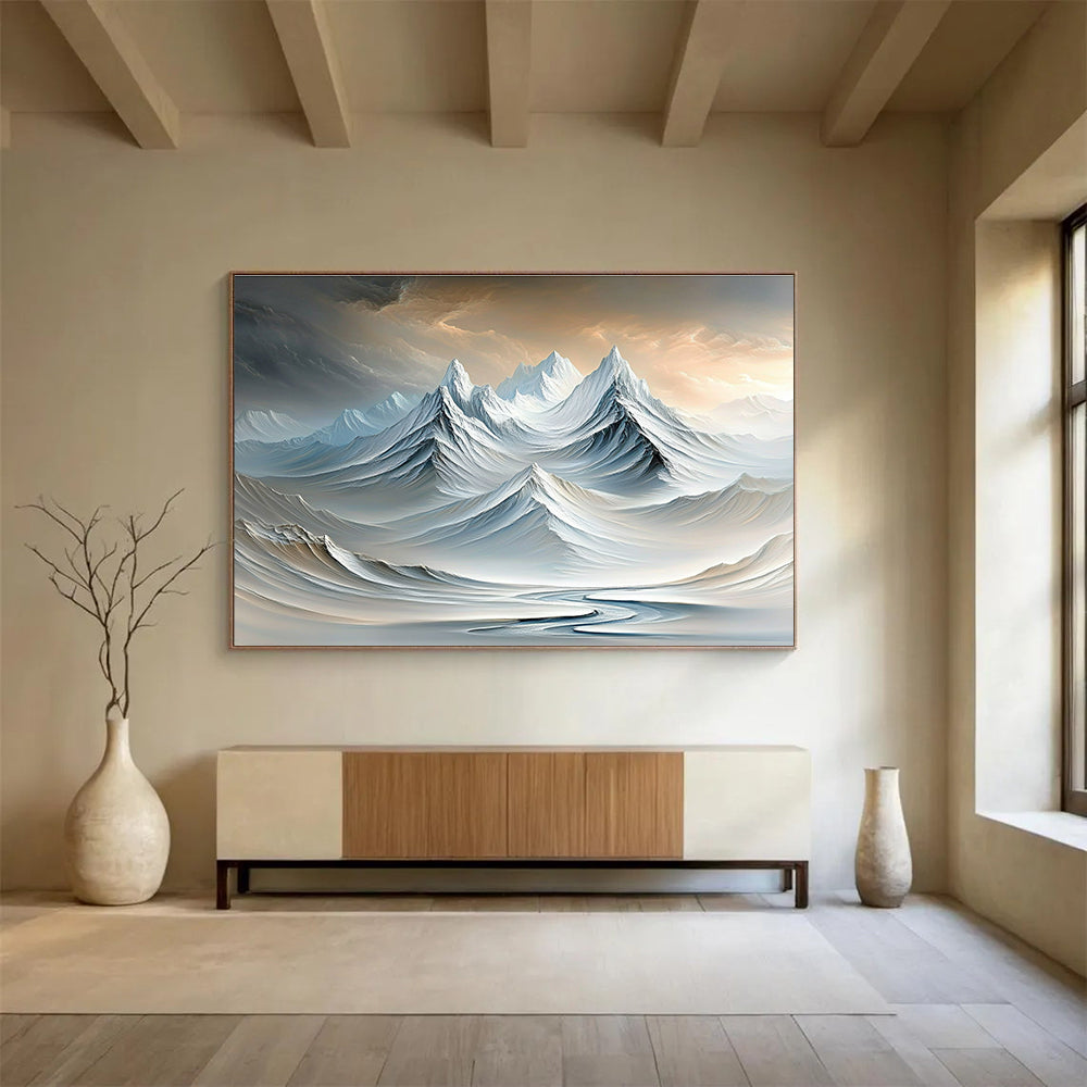 Surreal Snowy Peaks Dreamlike Abstract Painting with Soft White and Blue Tones DYP609
