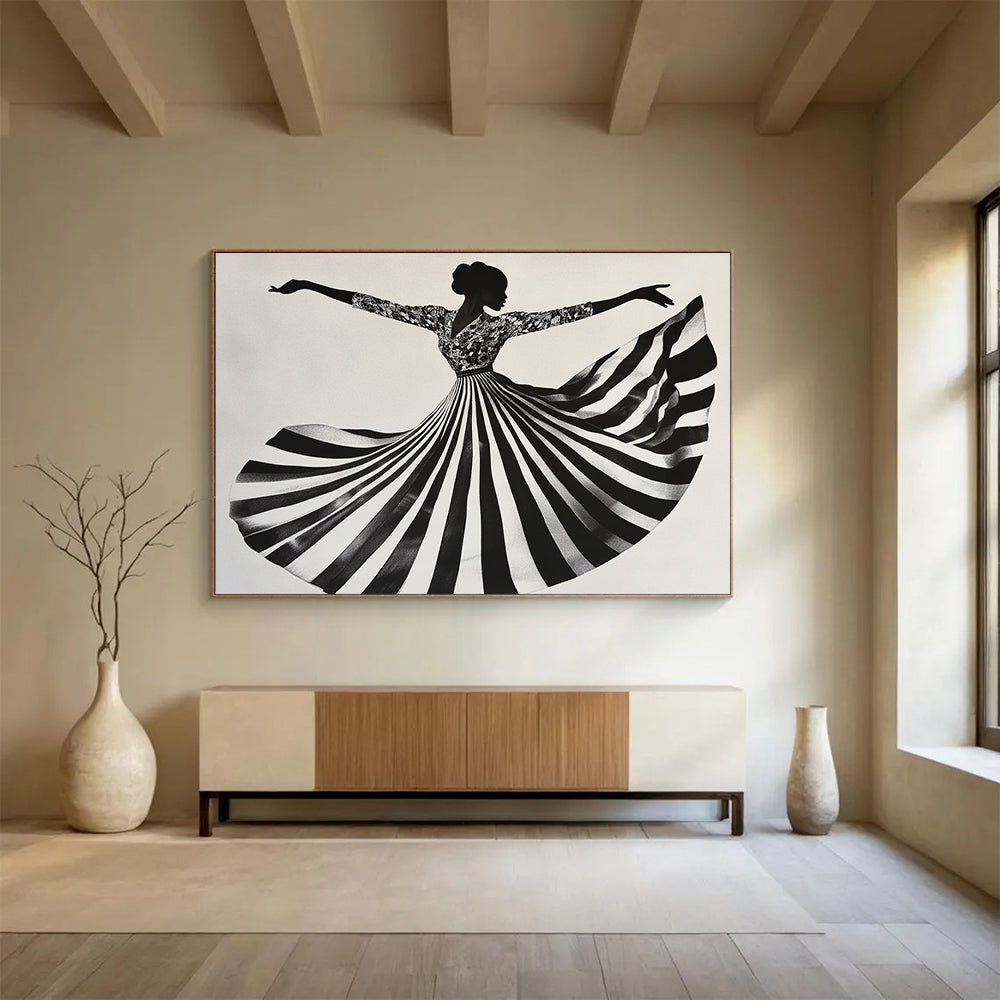 Black White Floral - Patterned Dress Dancing Silhouette Abstract Painting DYP020