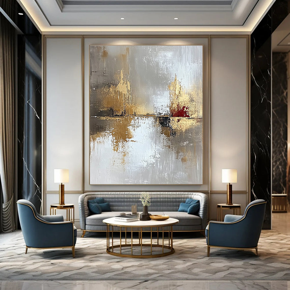 Large abstract painting in light gray and gold with oil brush effect featuring layers of texture and subtle red accents for visual impact.STSC402