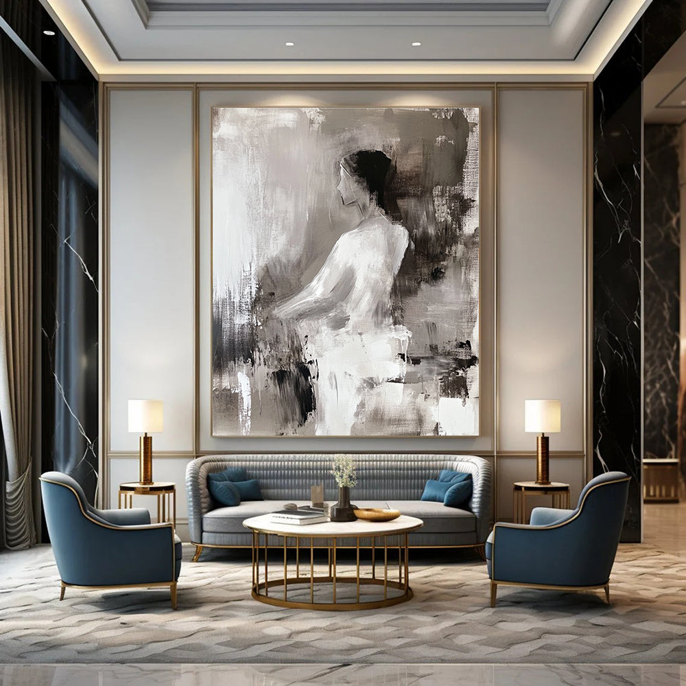 Large abstract painting of a woman in white featuring deconstructed tailoring and fluid simplicity with atmospheric perspective in light gray and dark brown.STSC673