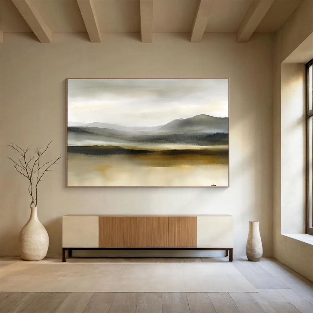 Large abstract watercolor painting of Scottish moors in soft gray and beige tones, creating a tranquil and misty atmosphere for any space.SC288