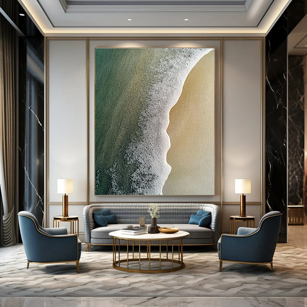 Large abstract painting capturing the meeting of sand and water with intricate pastel patterns and soft mist rising from the sea.STSC1410