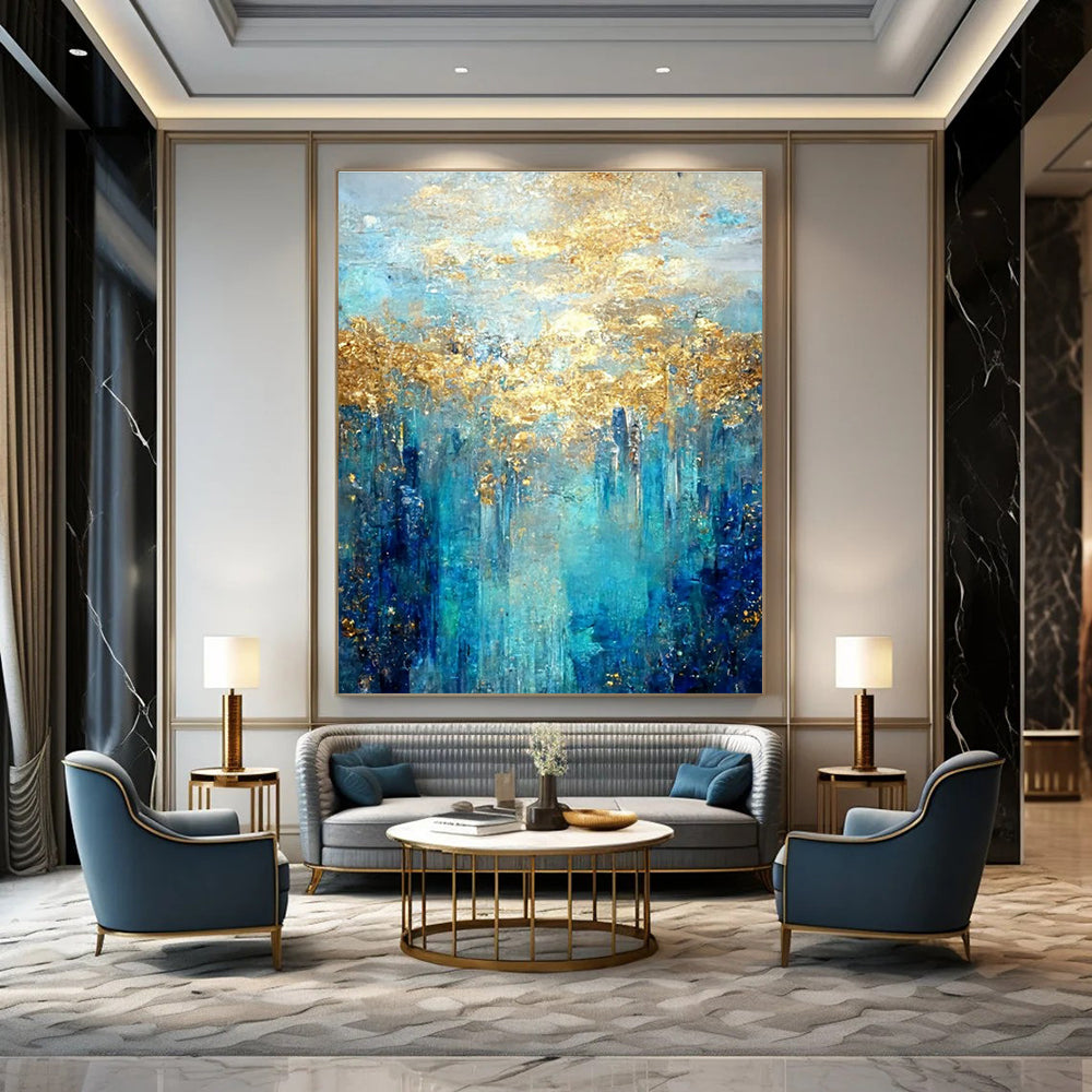 Blue Abstract Painting with Golden Forest - like Patterns ADGE065