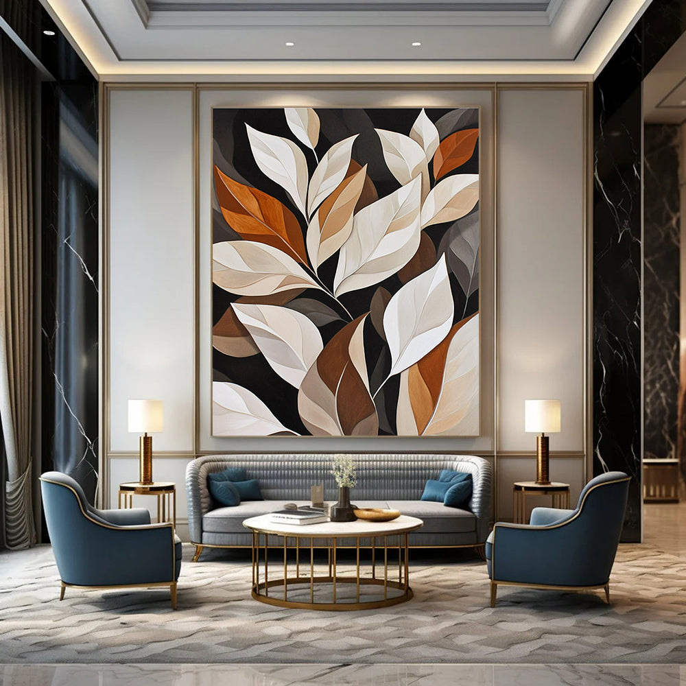 Large abstract painting of white leaves on a black background featuring elegant brown and beige tones with detailed foliage and soft lines.STSC1151