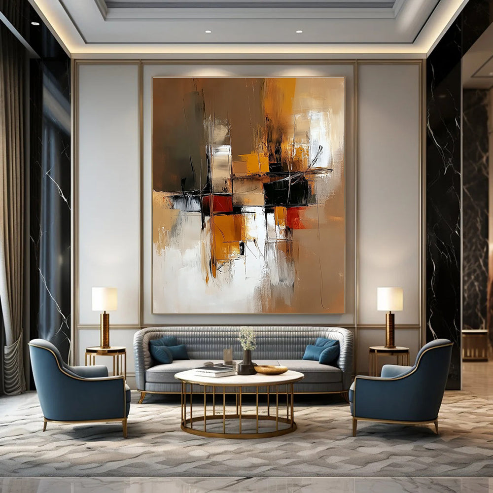 Abstract painting of an industrial space featuring warm brown and yellow tones with low contrast and clean brush strokes for a modern aesthetic.STSC648