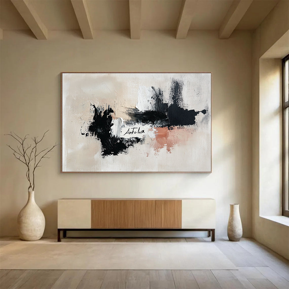 Large abstract painting featuring the word Antcha in soft black and white strokes with dynamic brushwork in a harmonious palette of gray and warm tones.SC311