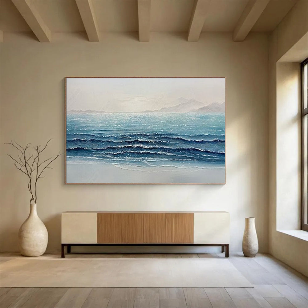 Sparkling Sea Wave Abstract Painting with Blue, White, and Grey Tones THY185