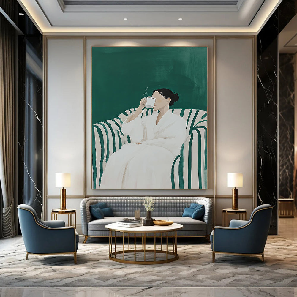 A large abstract painting featuring a woman in a white robe sipping coffee on a striped sofa with a vibrant green background.STSC1122