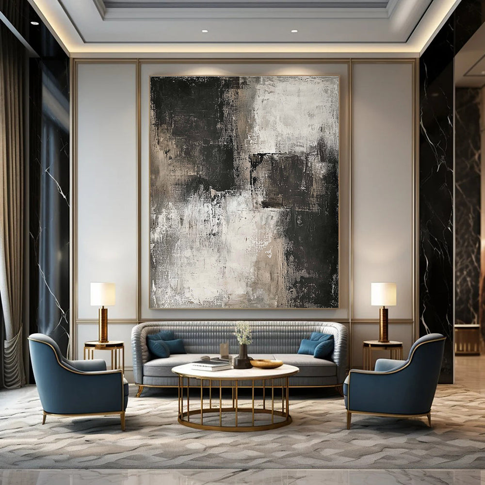 Large abstract painting in neutral tones featuring dark gray and white for a striking contemporary aesthetic.STSC069