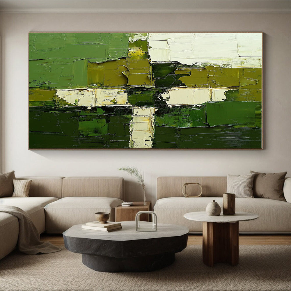 Green and White Abstract Painting with Patchwork Textures GER606