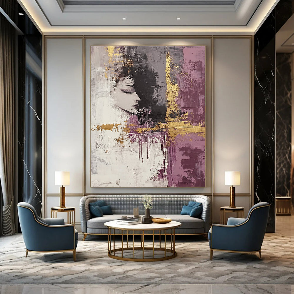 Large abstract art painting featuring dark gray and mauve tones accented with gold and neutral hues to enhance any modern space.STSC009