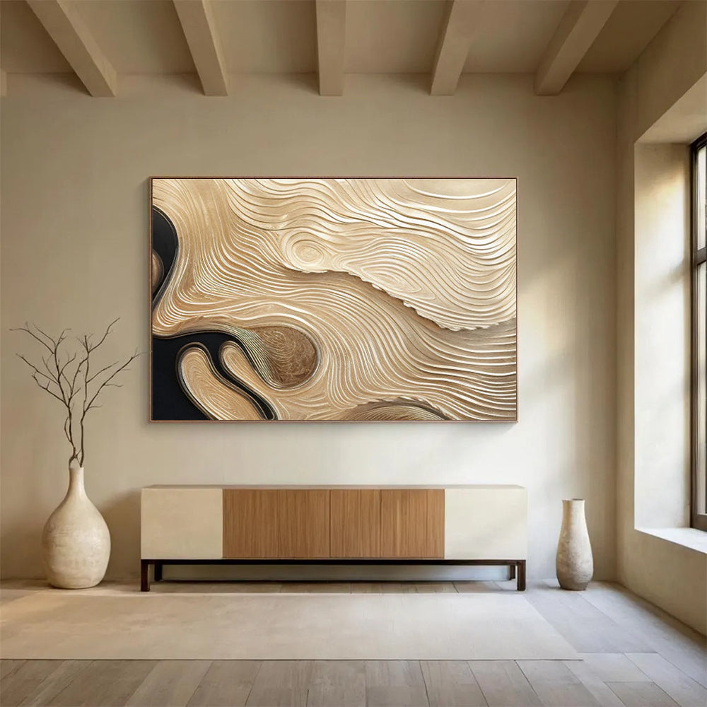 Golden and Black Textured Wave Abstract Painting THY100