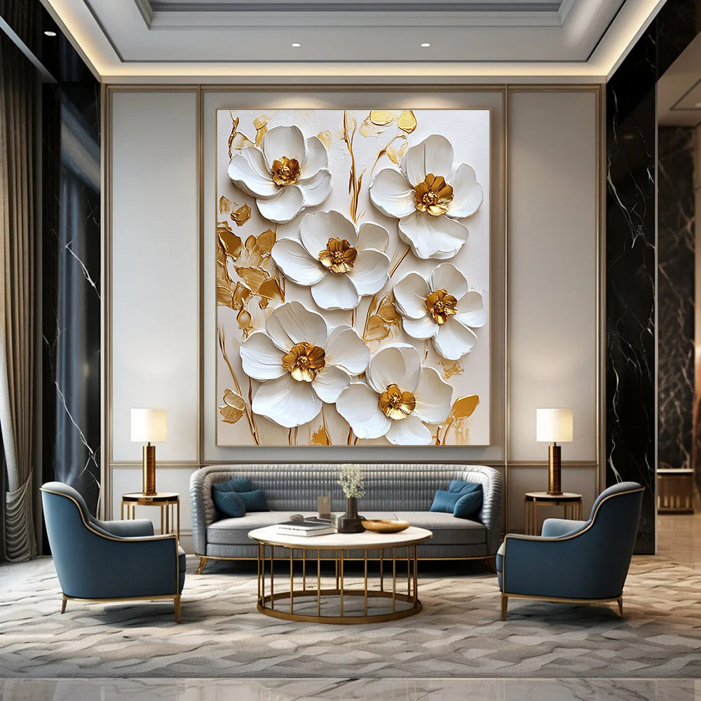 Large abstract painting featuring white flowers with golden accents on a white background in a square format.STSC1481