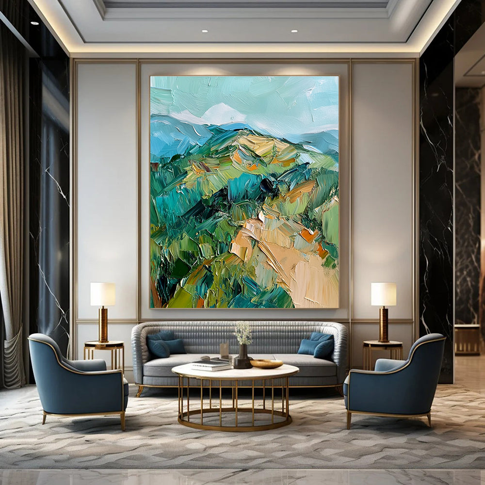 Large abstract oil painting featuring green and blue hills with thick impasto brush strokes for a vibrant artistic statement.STSC187