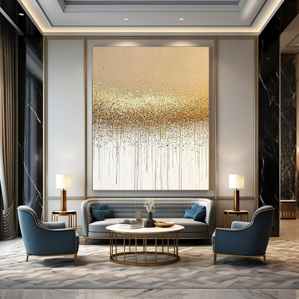 Abstract painting featuring sand and gold glitter on a neutral beige background, showcasing a minimalistic design in soothing tones.STSC994