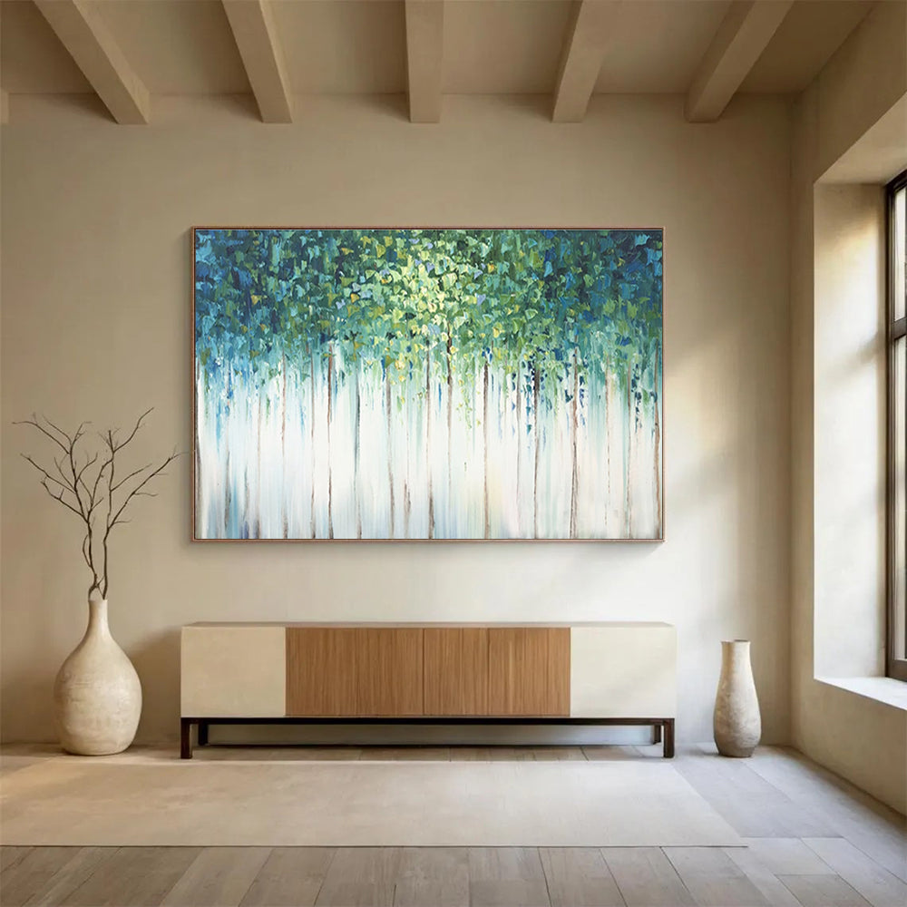 Forest Canopy Abstract Painting with Green, Blue, and White Tones THY206