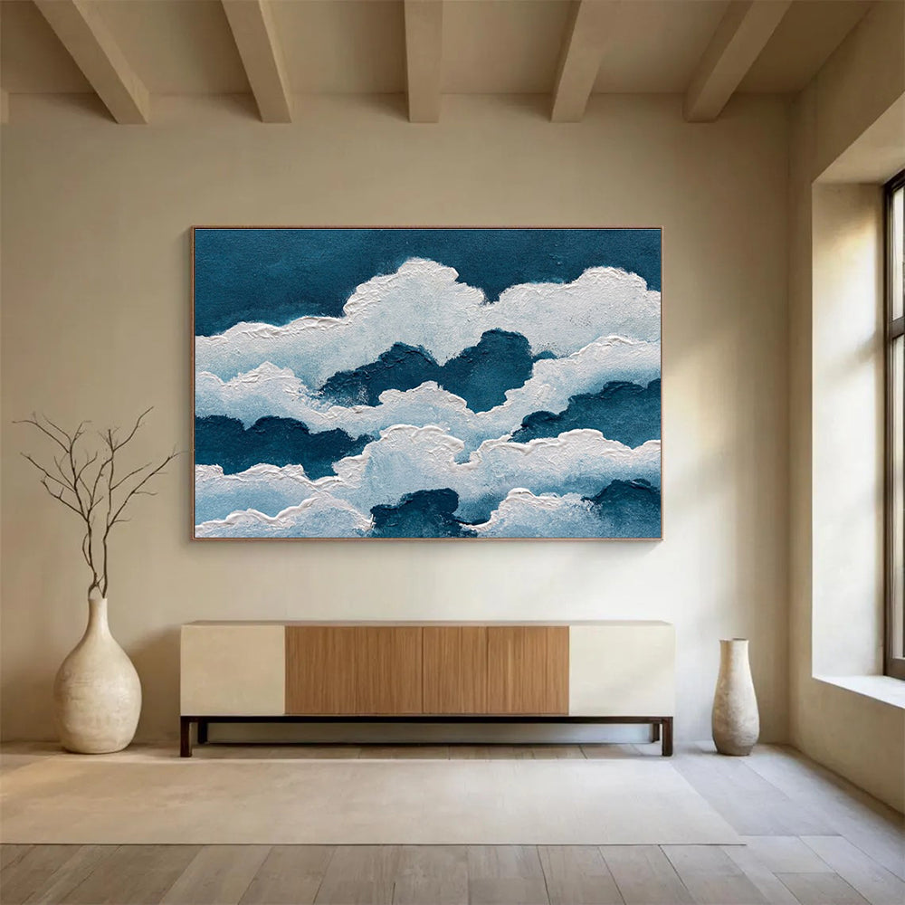 Blue White Cloud Abstract Painting with Textured Sky Forms THY364