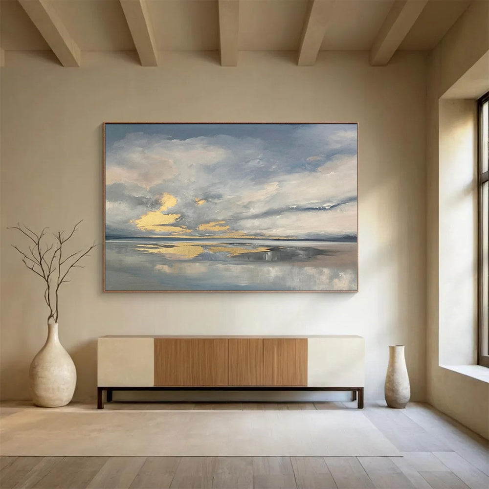 Dramatic Sky and Water Abstract Painting with Grey and Golden Hues THY255