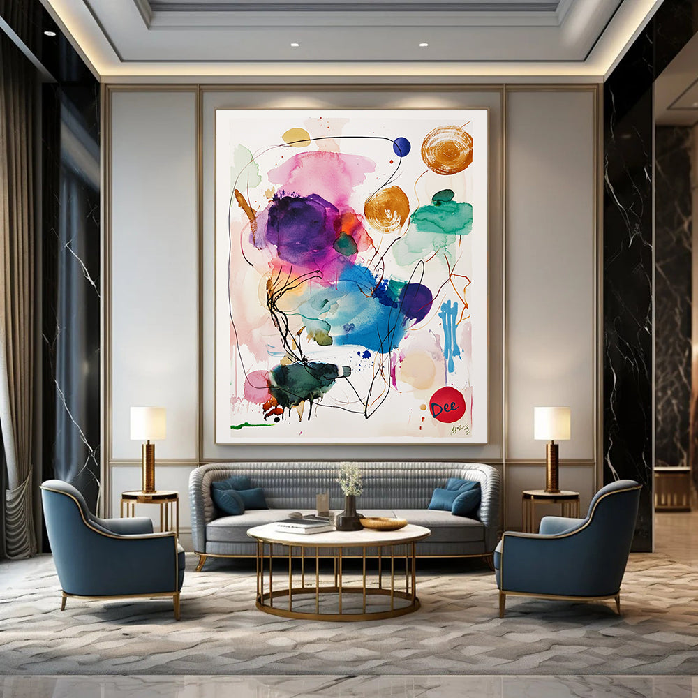 A large abstract watercolor painting featuring a central animal surrounded by colorful ink washes in purple, pink, blue, green, and yellow.STSC1046