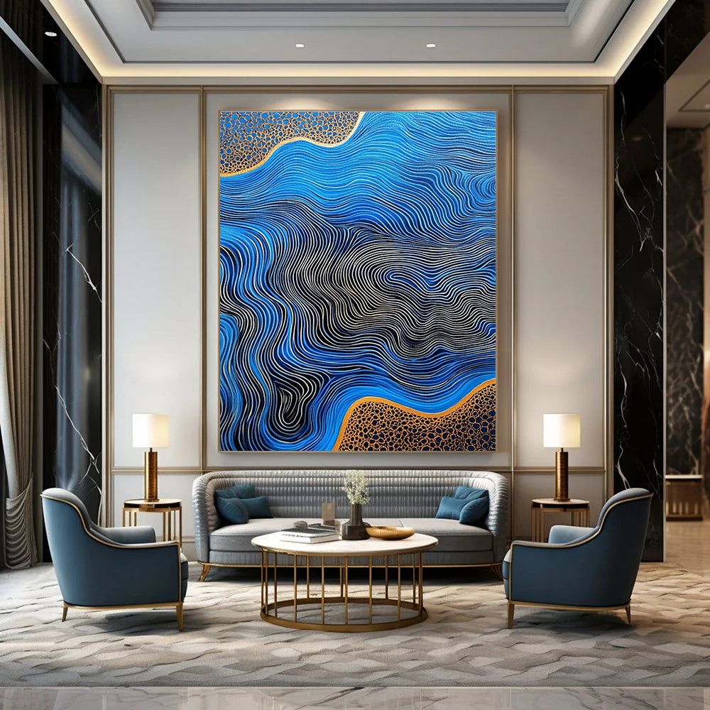 Large abstract artwork featuring flowing river patterns on blue agate with gold lines and a striking high contrast color palette.STSC957