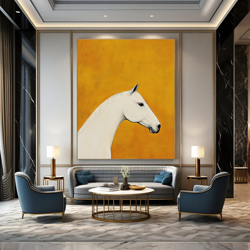 A large abstract painting featuring a white horse's head and neck profile on a mustard yellow background with soft lighting highlighting its silhouette.STSC1090