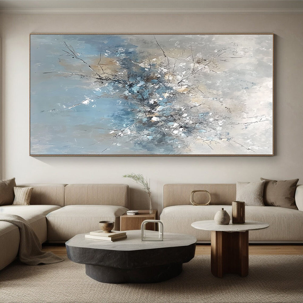 Blue and Gray Abstract Floral Painting with Textured Blooms GER653
