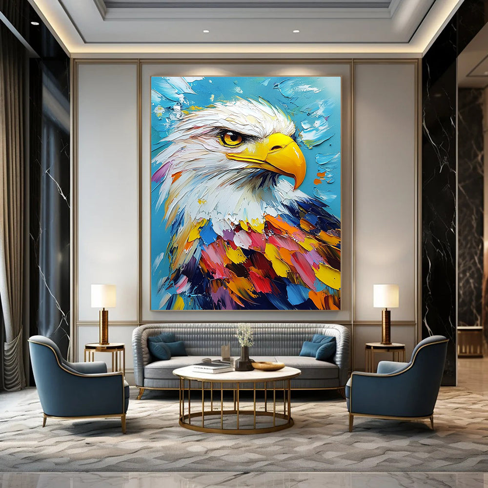 Large abstract painting featuring a colorful bald eagle portrait on a vibrant blue background, created with impasto oil techniques on canvas.STSC1285