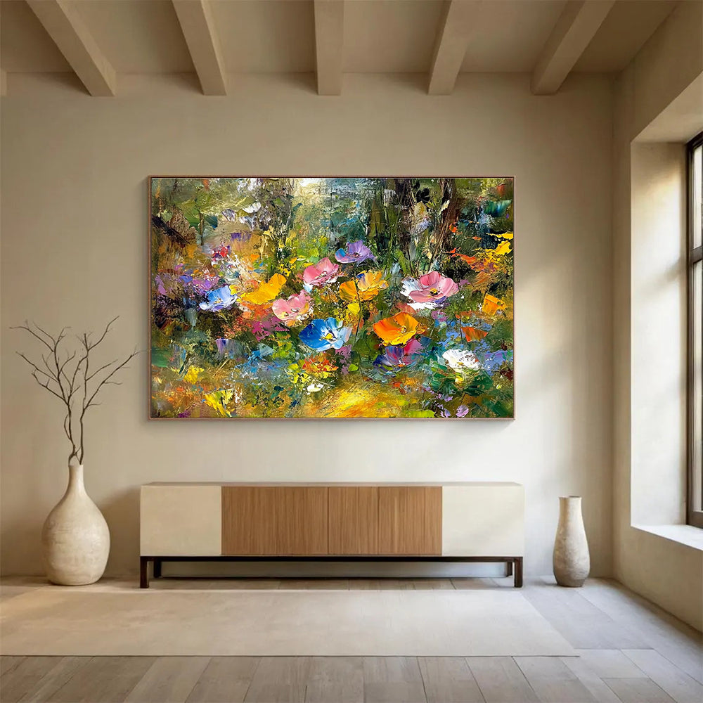 An abstract painting featuring vibrant wildflowers in a forest with expressive colors and blurred background, highlighted by golden foliage and trees.SC401