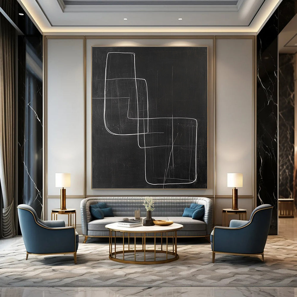 Large abstract drawing featuring a square and an abstract chair in white lines on black paper, minimalist style with a dark background.STSC1185