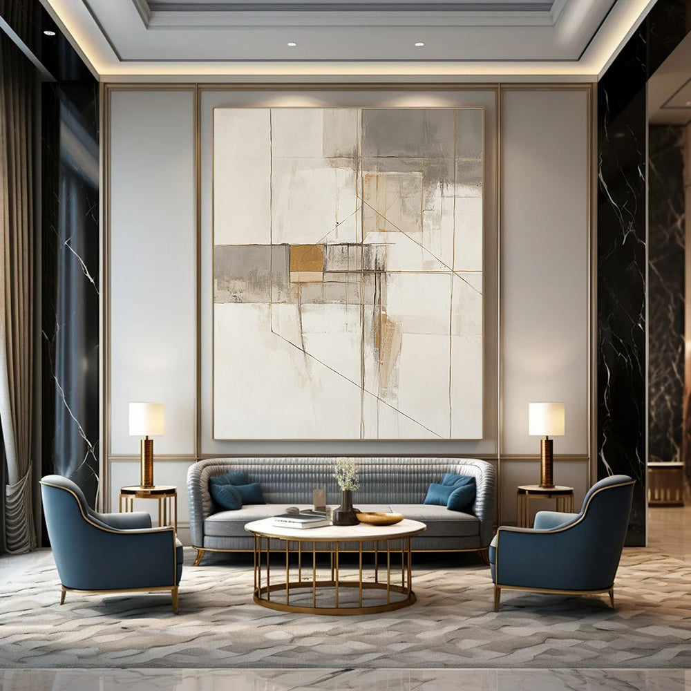 Large abstract painting in neutral tones with gold accents showcasing architectural themes through geometric shapes and lines.STSC620