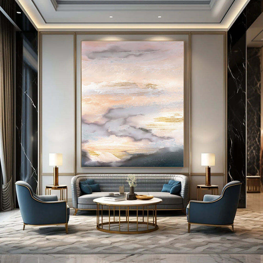 Blush Teal and Gold Cloud Abstract Painting ADGE166