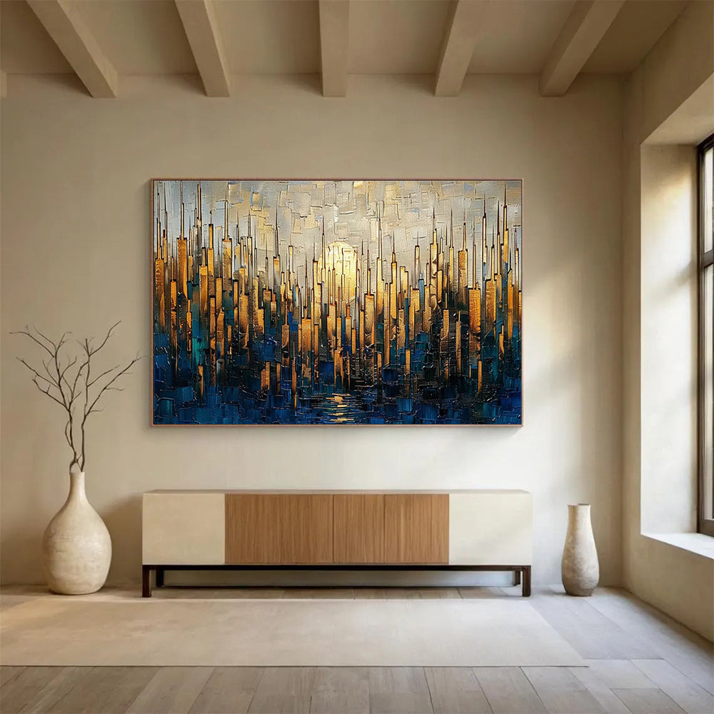 Golden City Skyline Abstract Painting with Gold, Blue, and Grey Tones THY172