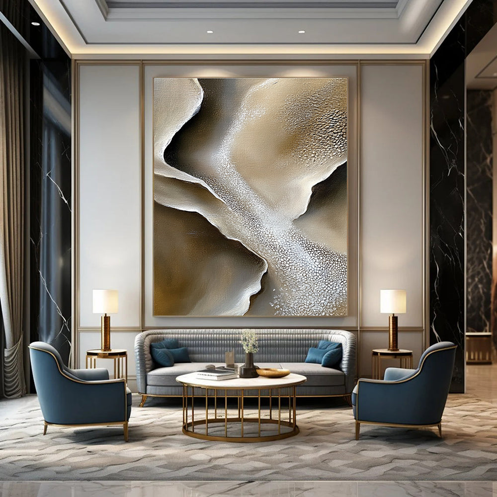 Large abstract painting capturing gray sand dunes and white salt crystals with intricate rock textures and soft lighting in a mysterious natural landscape.STSC530