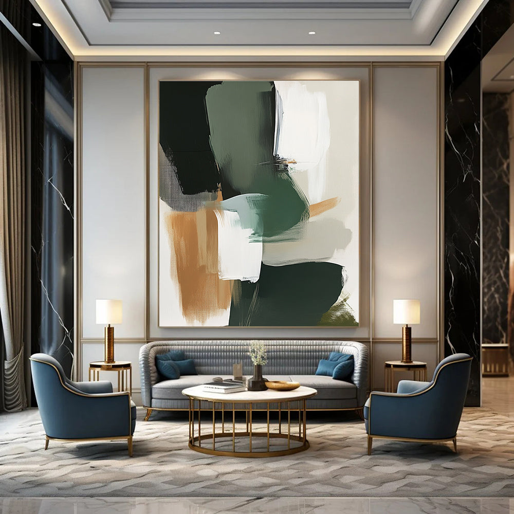 Large abstract painting featuring green grey and white tones with expressive brush strokes and organic shapes in a neutral color palette.STSC760