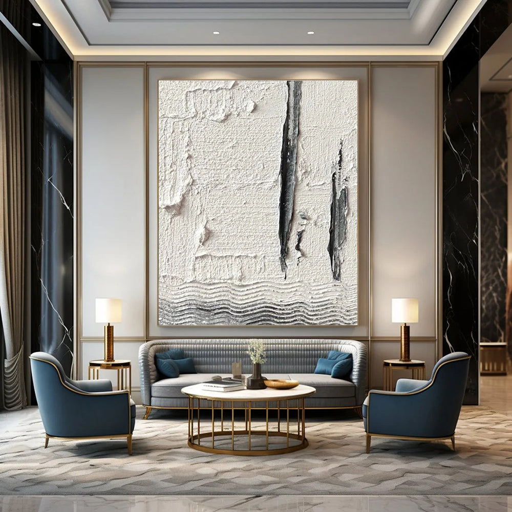 Textured White and Gray Abstract Painting with Vertical Elements ADGE371