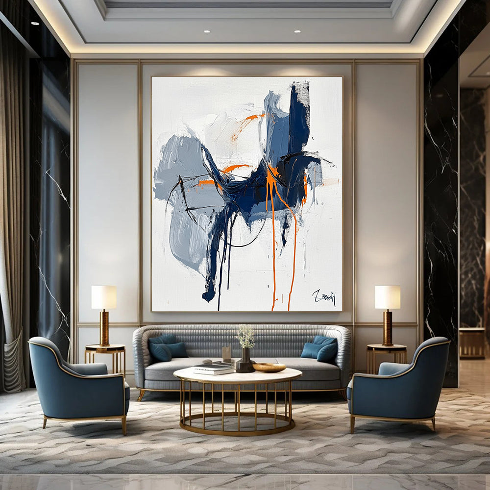Large abstract painting featuring blue and orange lines draping organically with a black outline set against a white background in an expressionist style.STSC676