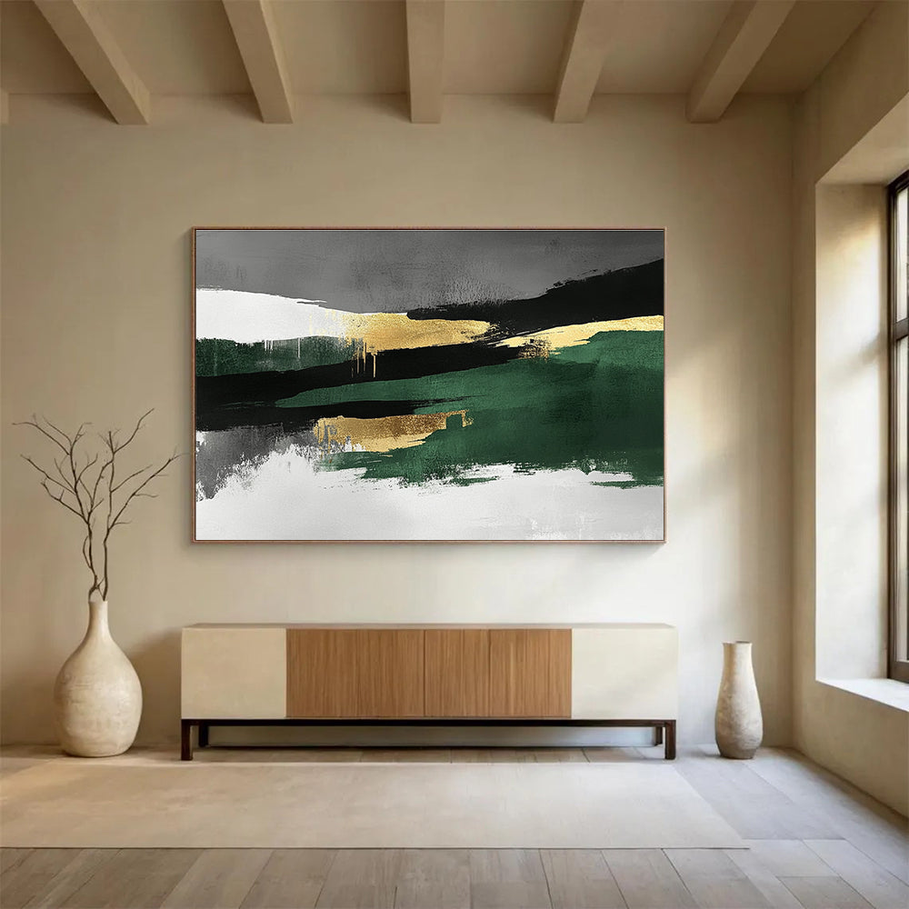 Green Gold and Gray Abstract Landscape Painting with Bold Brushstrokes DYP211