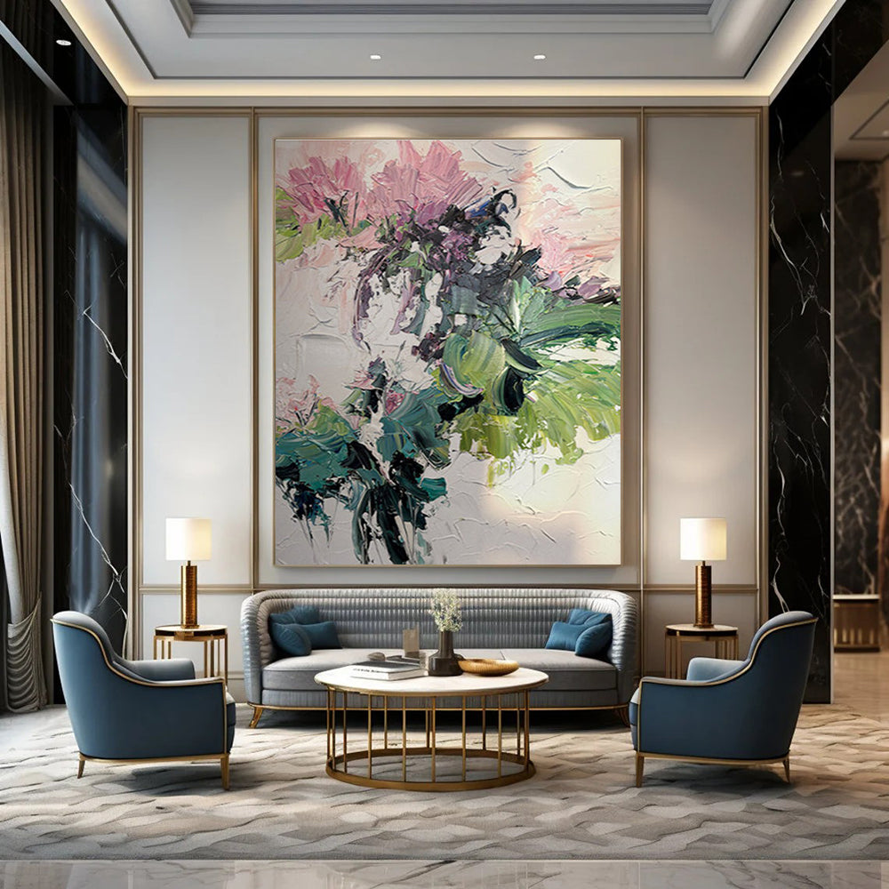 Pink Flower Abstract Oil Painting with Green Accents ADGE271