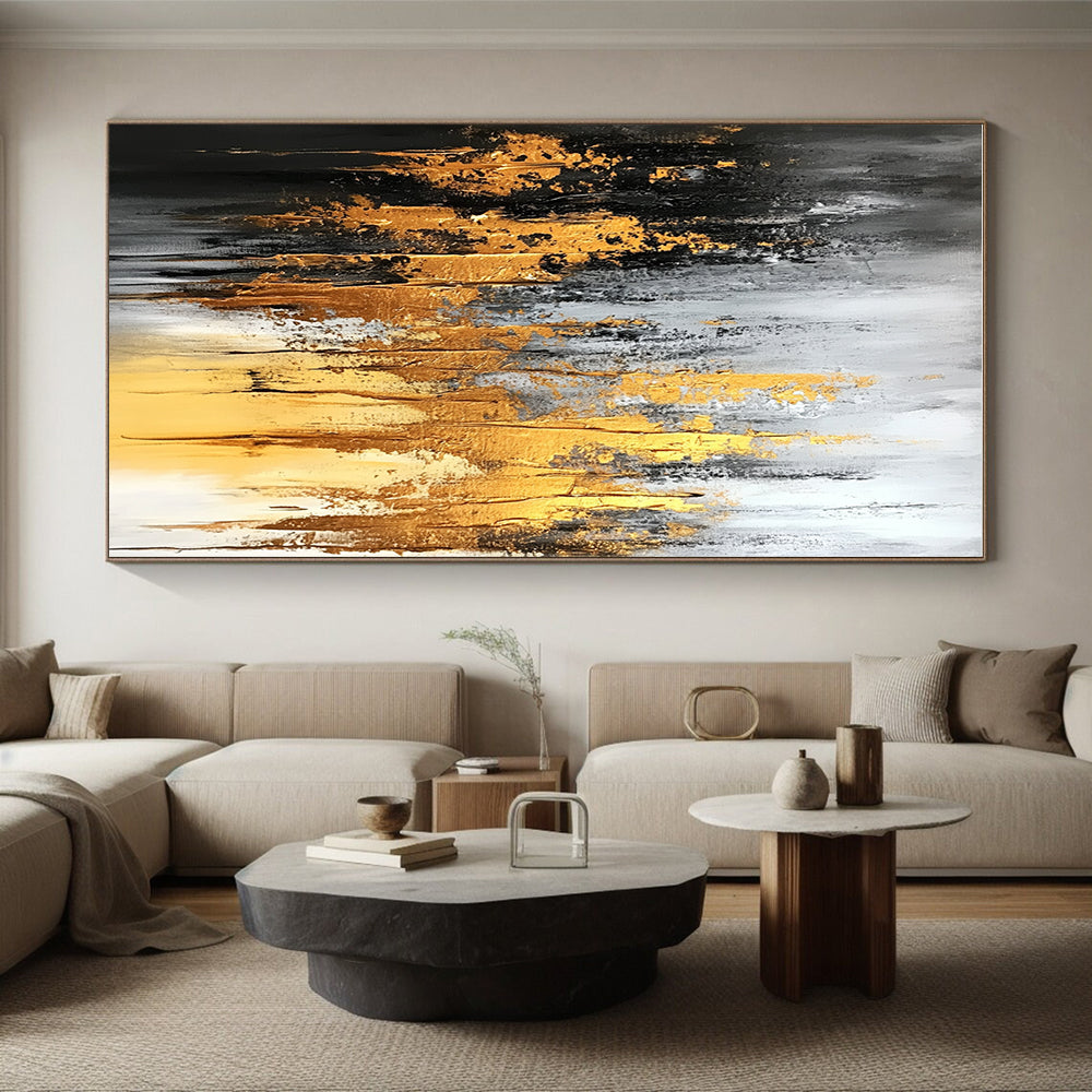 Gold Gray and Black Abstract Painting with Dripping Effects GER696