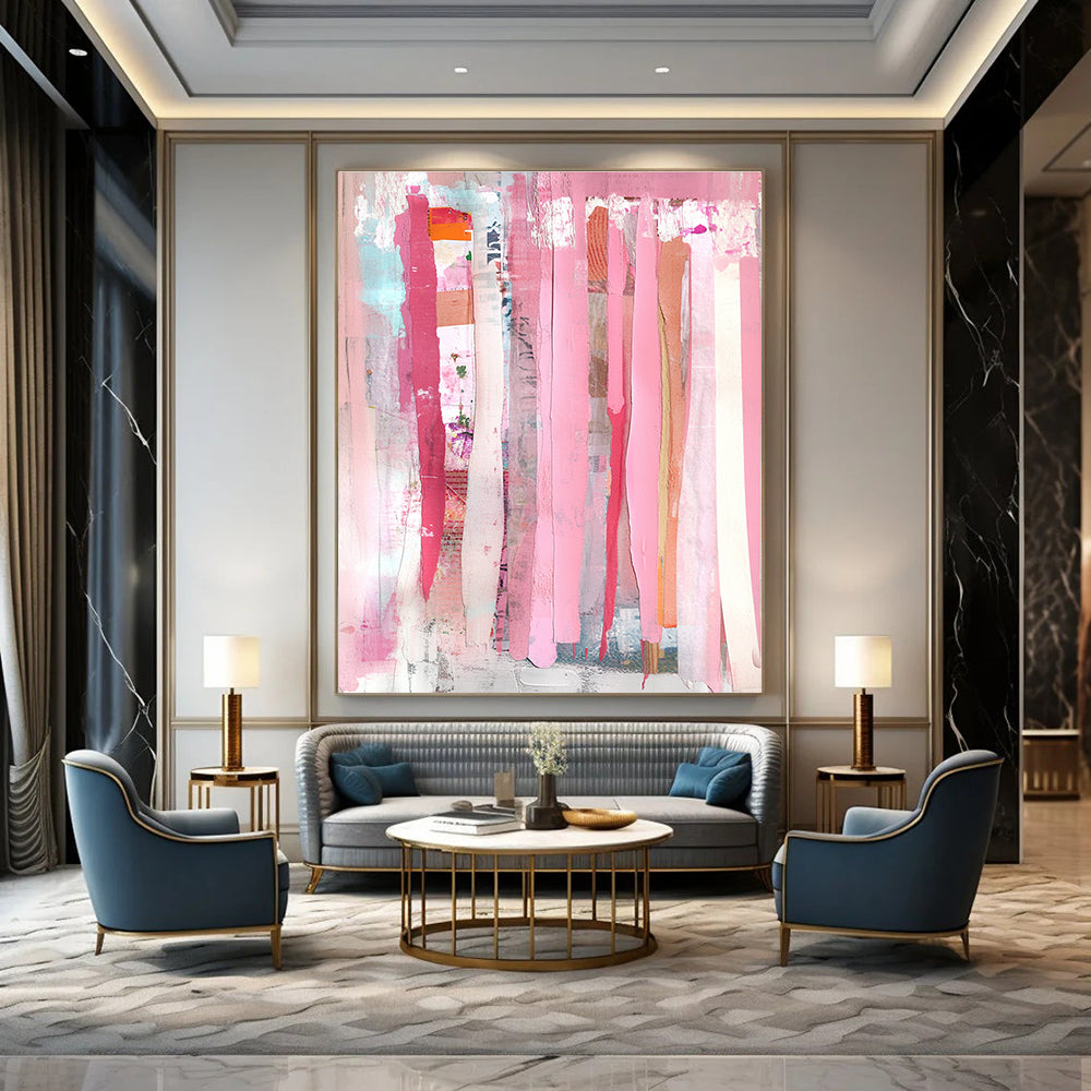 Bold abstract painting featuring peach-colored pink curtains with mixed media collage of torn paper and painted elements for a unique artistic expression.STSC1407