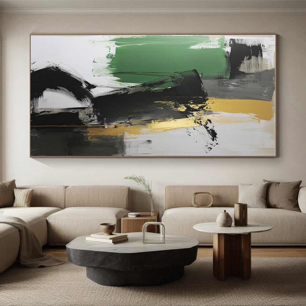 Black Green and Gold Abstract Painting with Bold Contrasts GER527